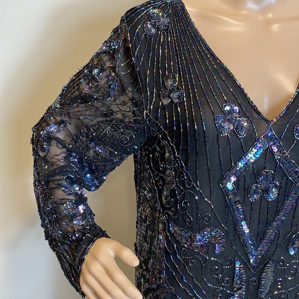 Vintage Beaded Pure Silk Black Evening Dress Art Deco Sequin Midi Size M - Picture 3 of 10